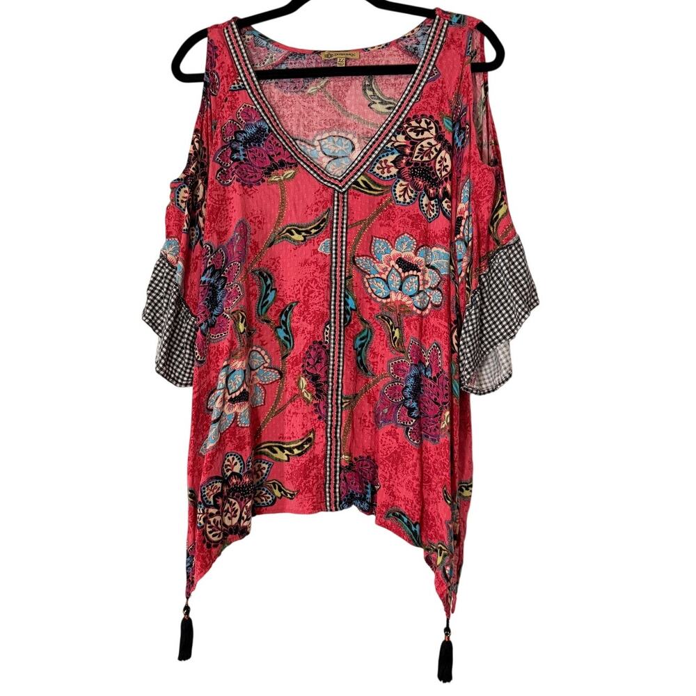 Democracy XL Floral Cold Shoulder Tunic Top Gingham Ruffle Tassel Boho